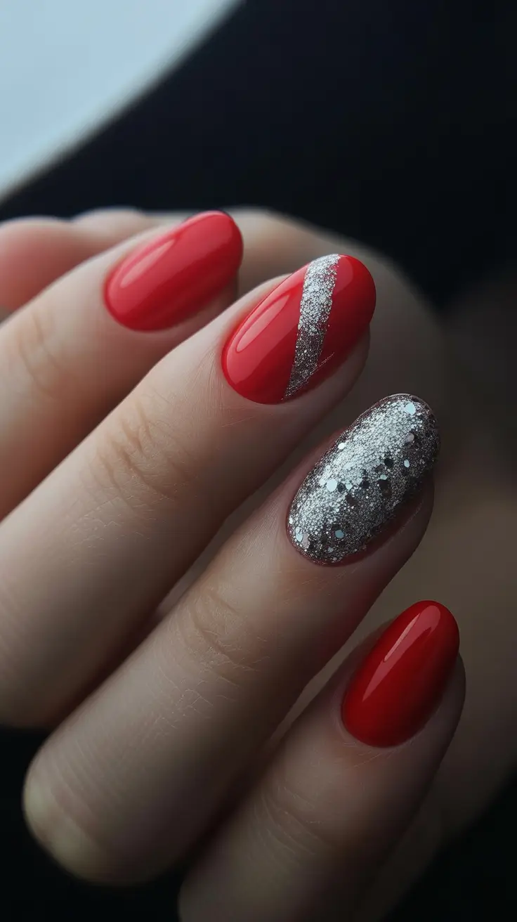 Festive Nail Designs Christmas 2025 Red and Silver Statement Sparkle