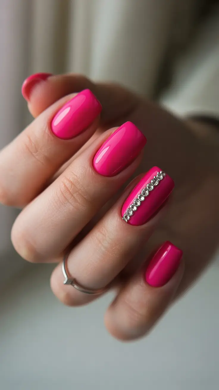 Festive Nail Designs Christmas 2025 Hot Pink Glam with Rhinestone Line
