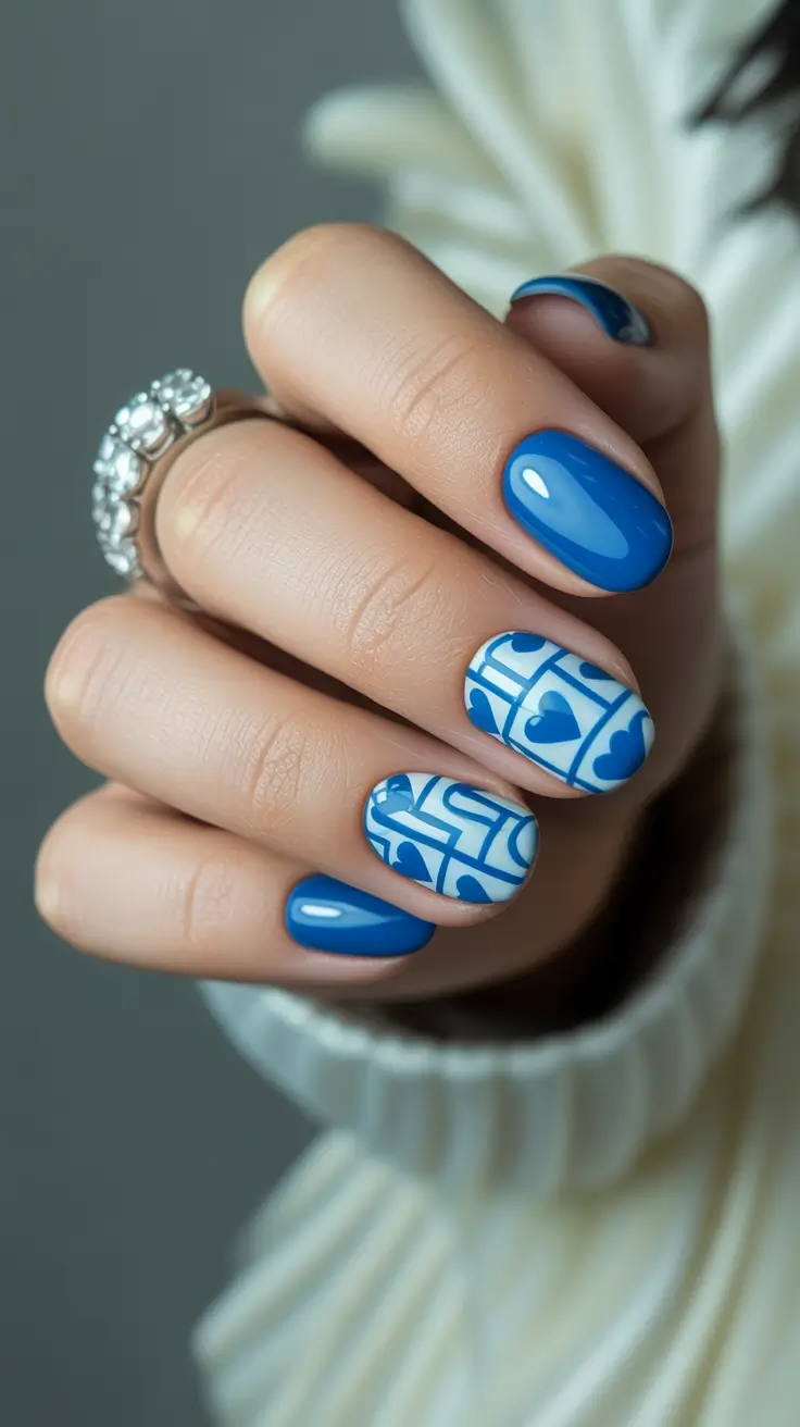 Fresh Winter Nail Designs and Colors 2025-2026 Blue Porcelain Hearts