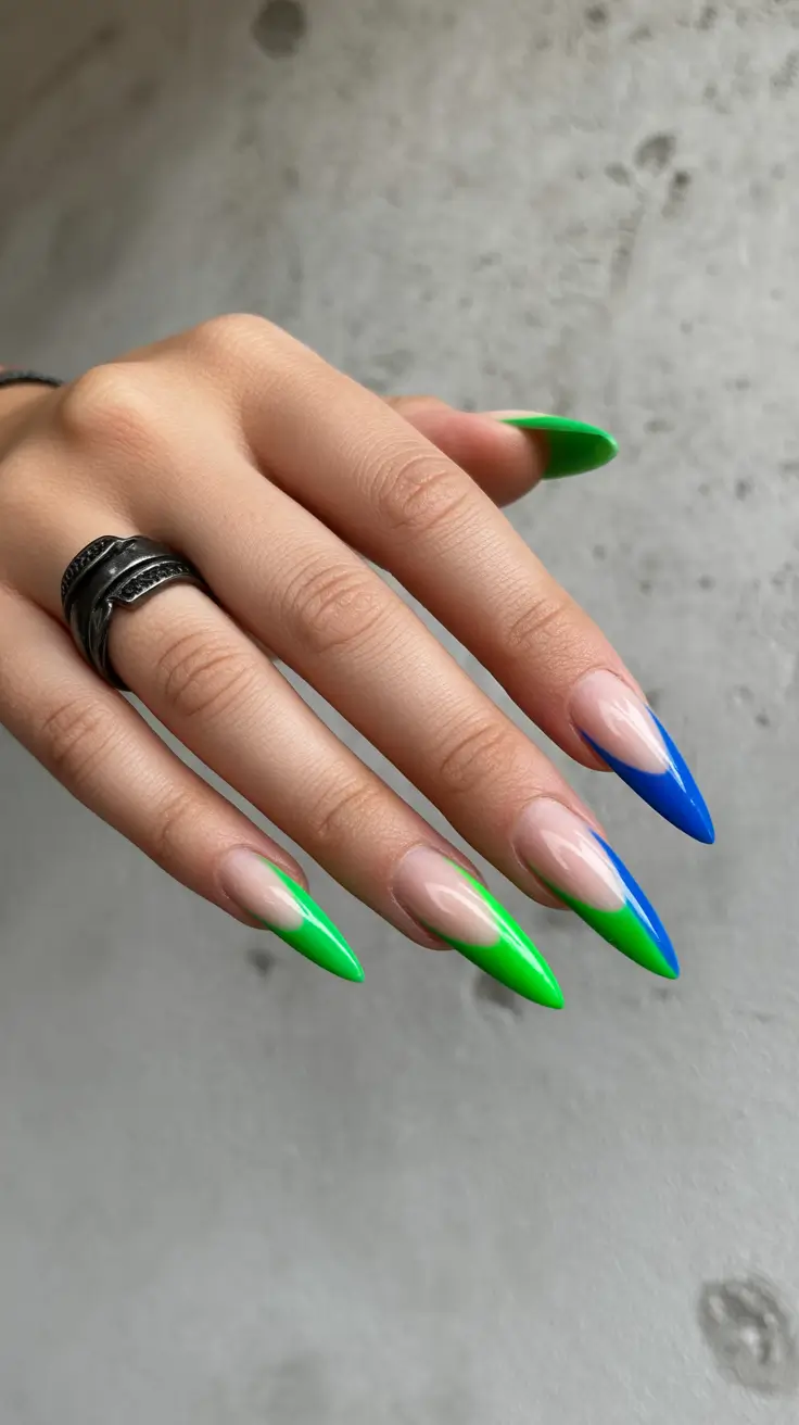 Green Winter Nails 2025-2026 Electric Green and Blue Edge Tips