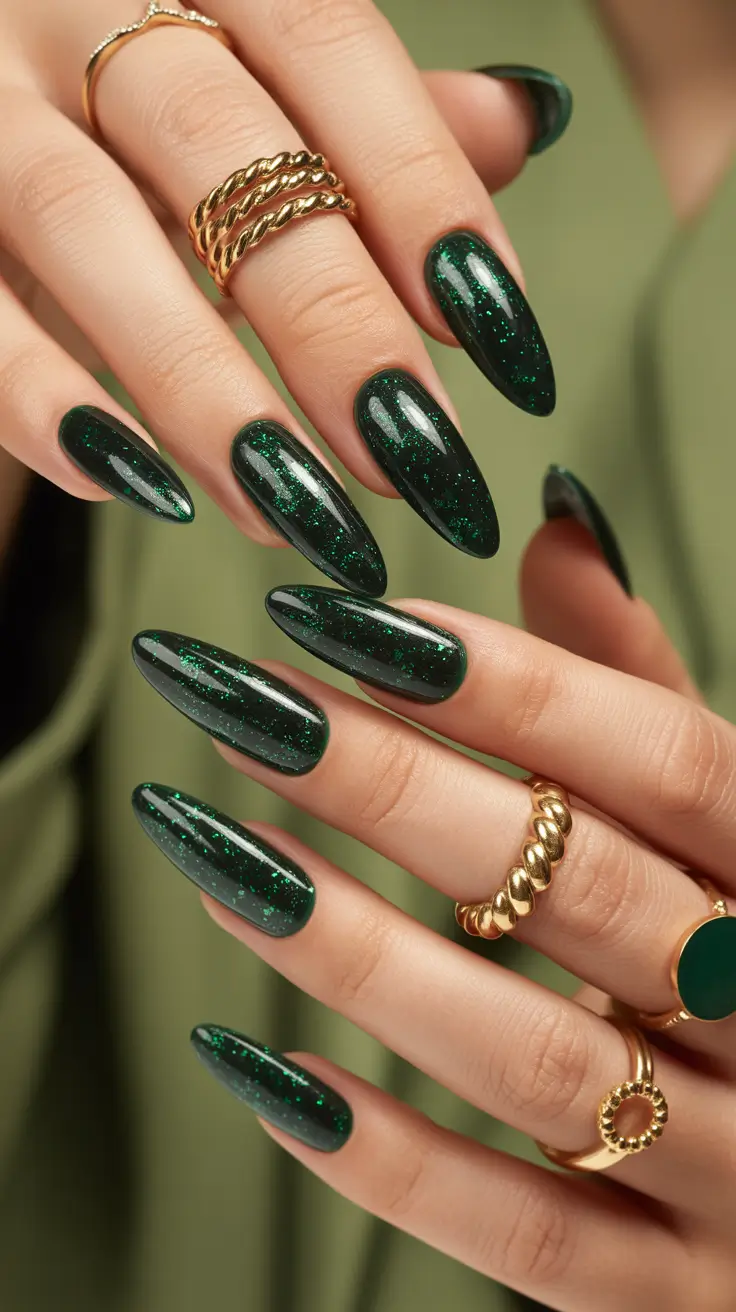 Green Winter Nails 2025-2026 Starry Dark Emerald Glam