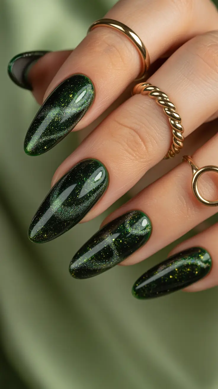 Green Winter Nails 2025-2026 Cosmic Forest Sparkle