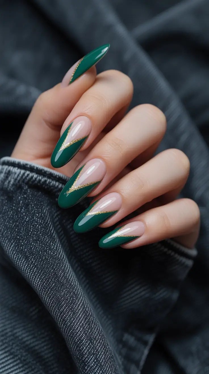 Green Winter Nails 2025-2026 Emerald Arrows with Golden Touch