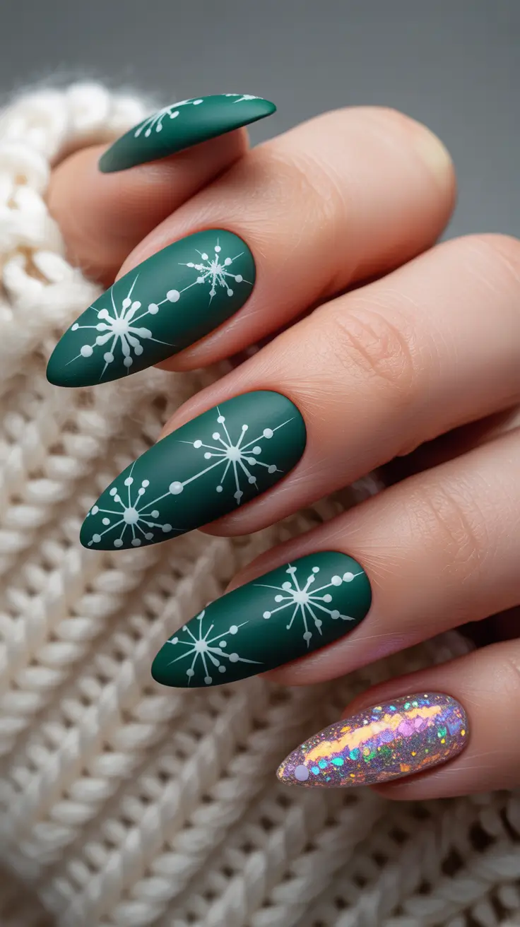 Green Winter Nails 2025-2026 Snowflake Magic in Matte and Shine