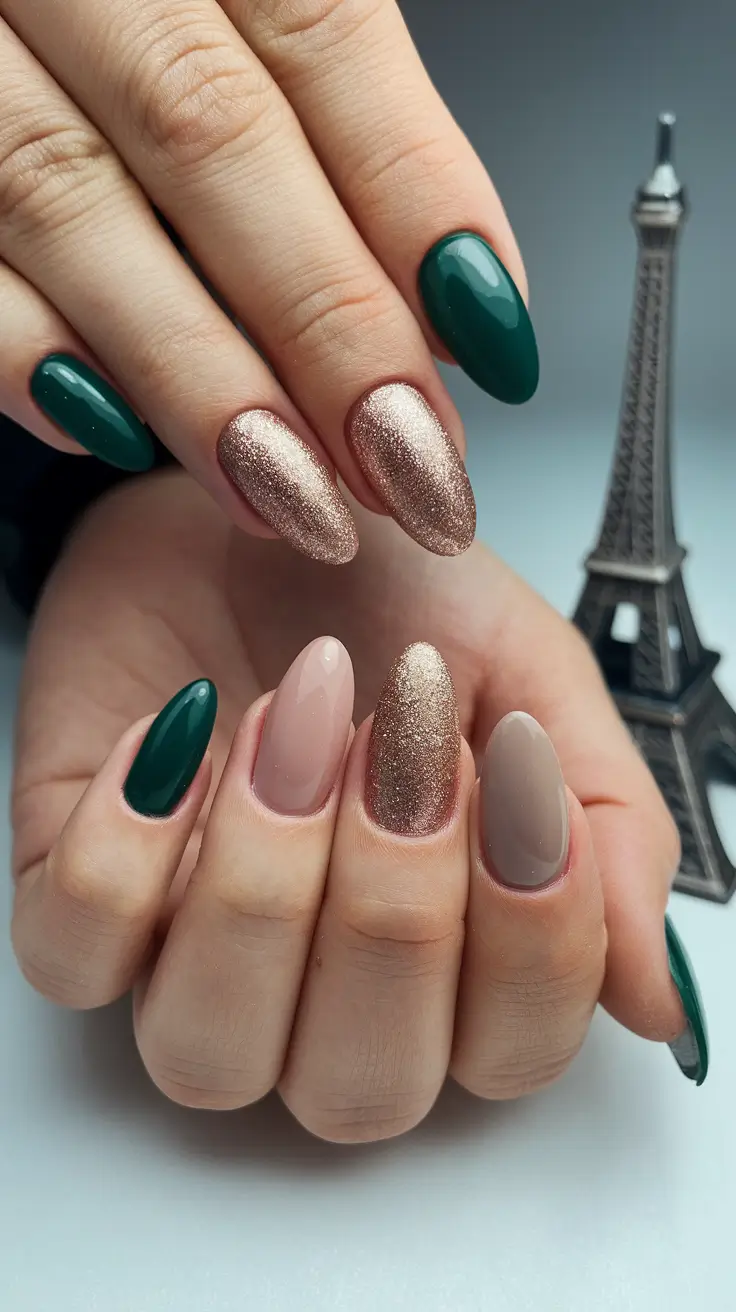 Green Winter Nails 2025-2026 Golden Elegance with Emerald Depth