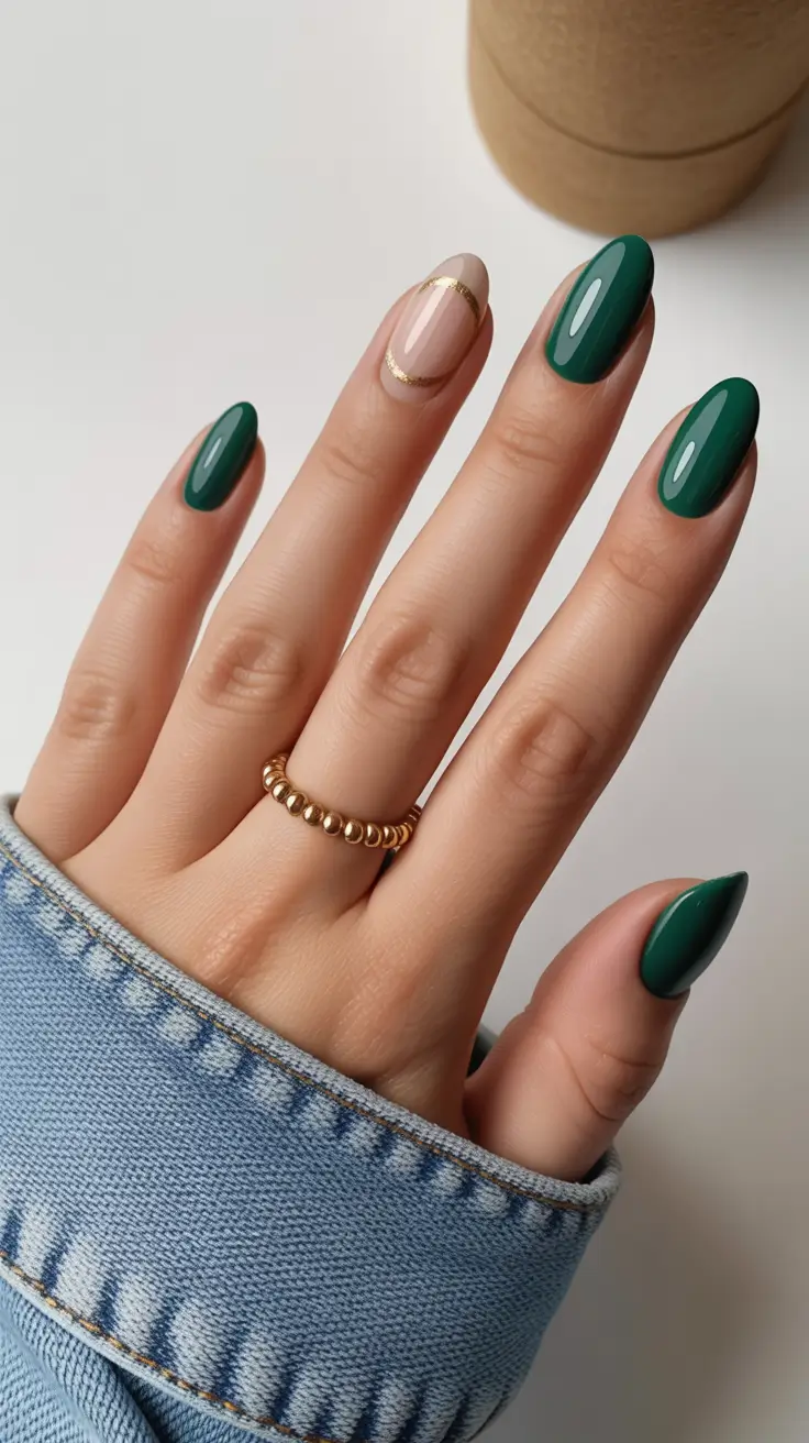 Green Winter Nails 2025-2026 Deep Emerald Elegance with Gold Accent