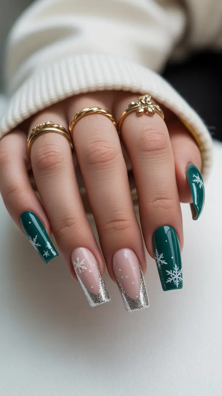 Green Winter Nails 2025-2026 Snow-Kissed Silver and Green