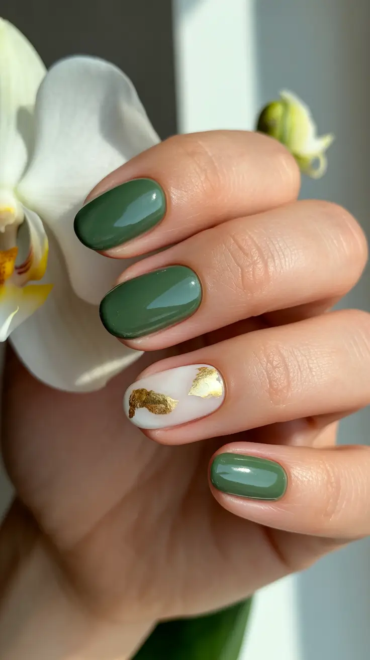 Green Winter Nails 2025-2026 Olive Glow with Gold Leaf Accent
