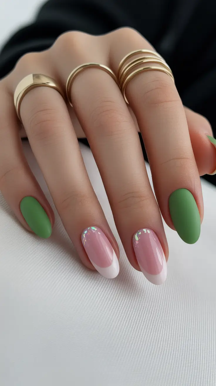 Green Winter Nails 2025-2026 Mint and Pink Harmony