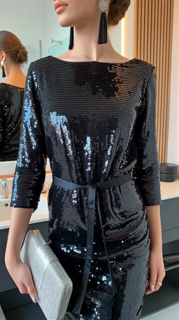 holiday outfits for women 2026 Midnight Sequins and Silver Dreams