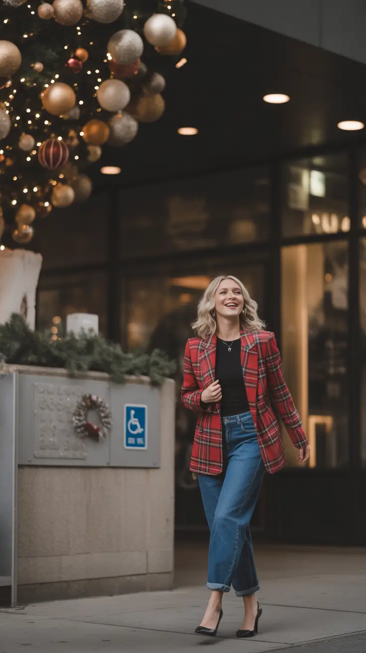 holiday outfits for women 2026 Plaid Blazer and City Spirit