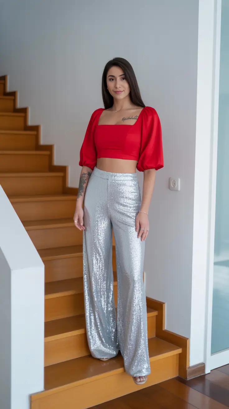 holiday outfits for women 2026 Red Statement with a Sparkle Edge