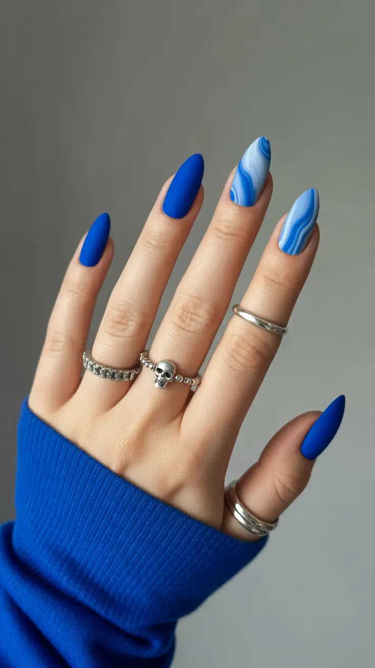 Modern Blue Nails Christmas 2025 Matte Marble Waves