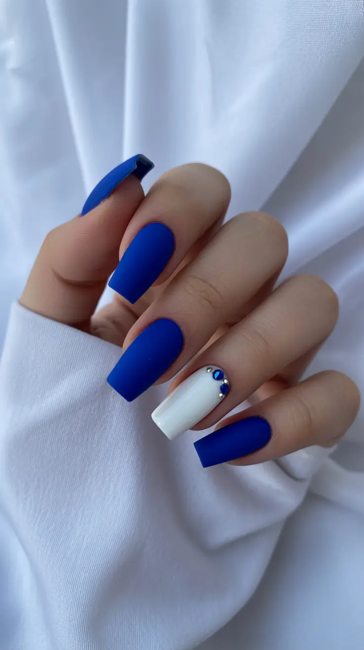 Modern Blue Nails Christmas 2025 White Gem Accent