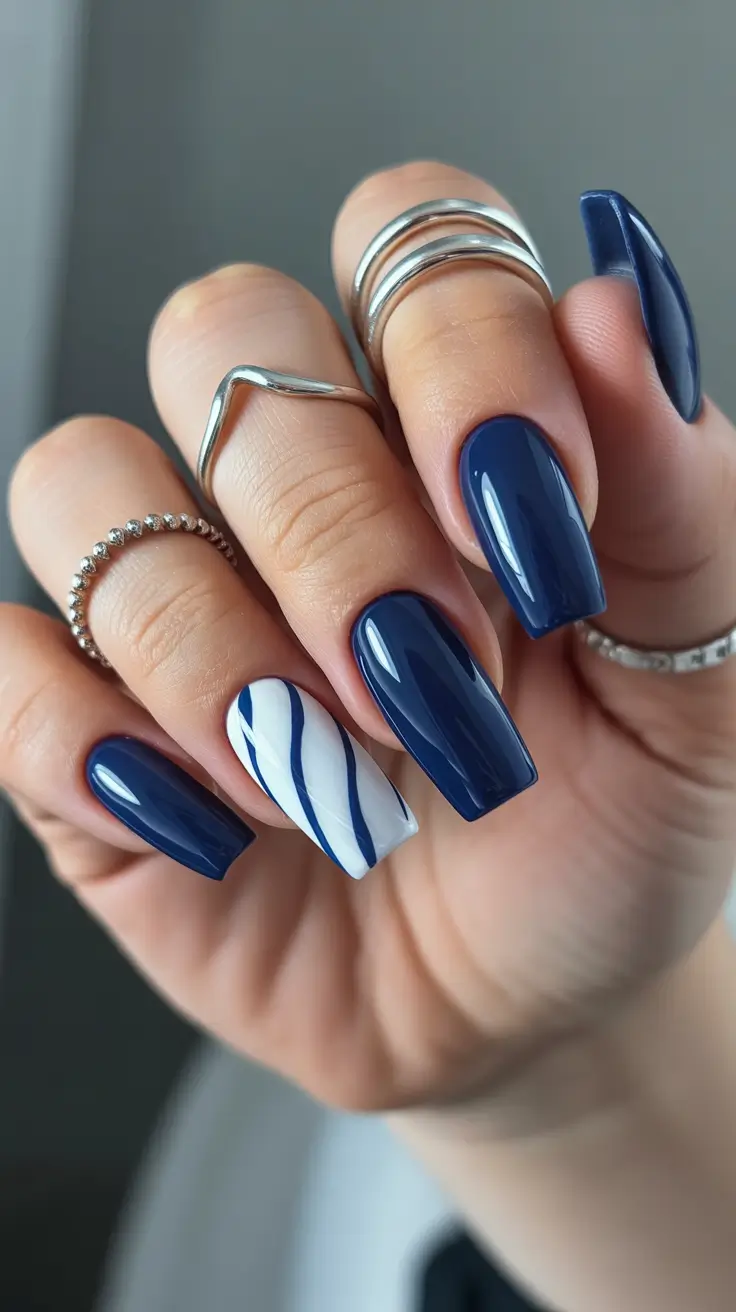 Modern Blue Nails Christmas 2025 Candy Stripe Navy