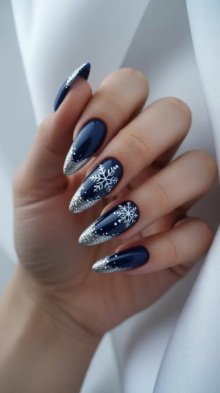 Modern Blue Nails Christmas 2025 Snowflake Silver Fantasy