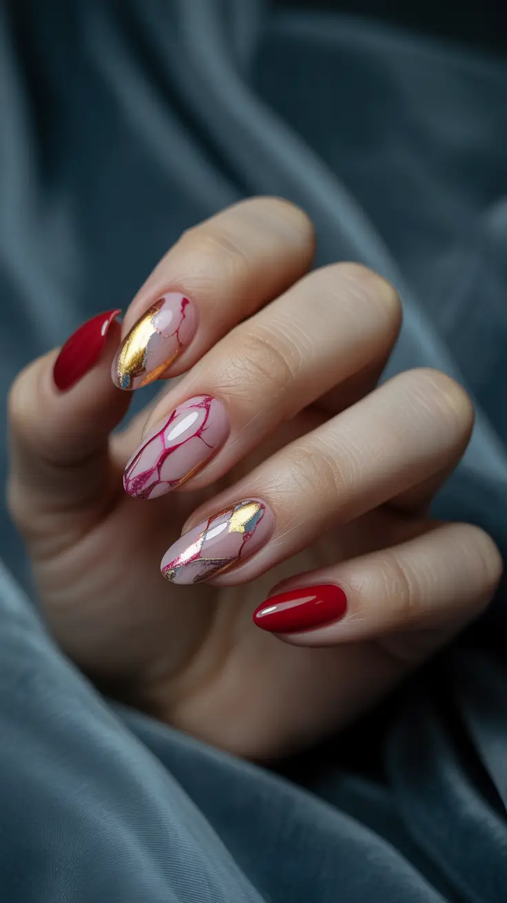 Modern Christmas Nail Colors Shades 2025 Golden Veins in Red Velvet
