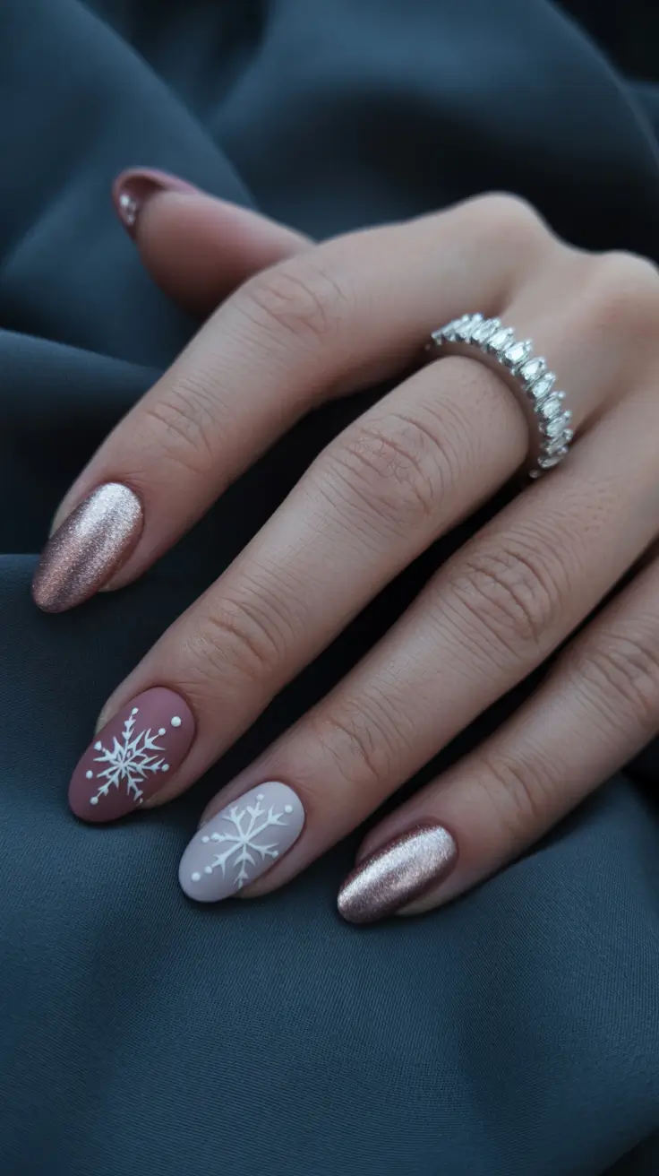 Modern Christmas Nails 2025 Rose Gold Frost & Snowflake Serenity