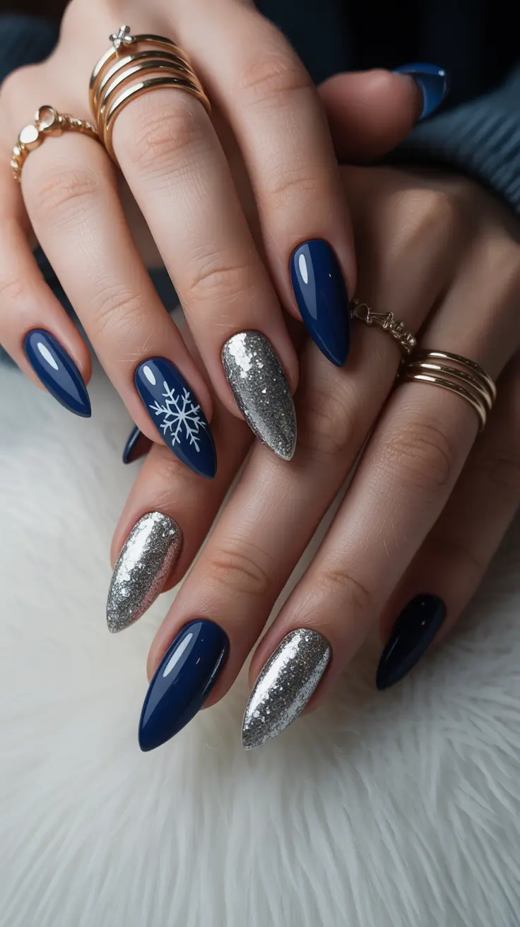 Modern Christmas Nails 2025 Midnight Silver Snowflakes