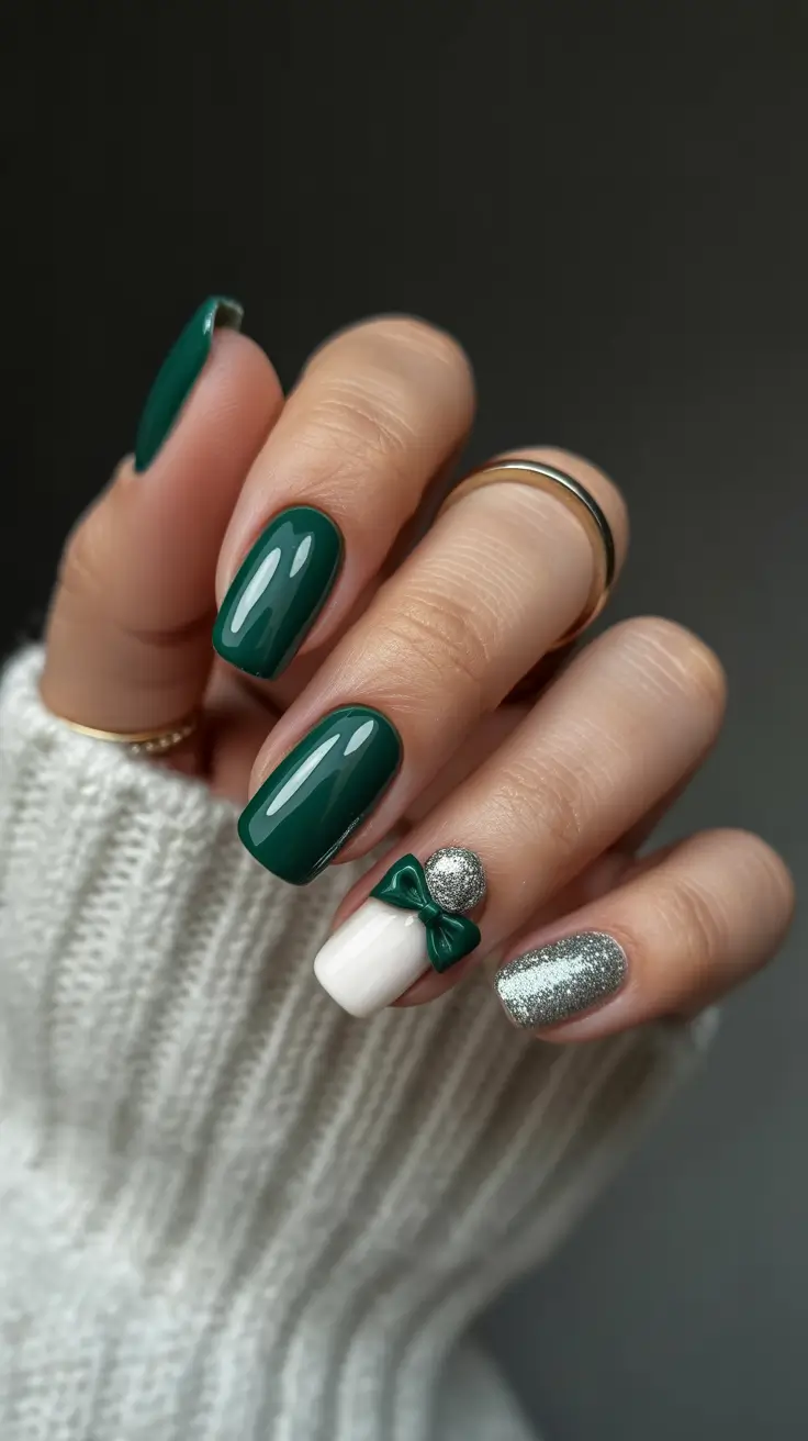 Modern Christmas Nails 2025 Emerald Ribbon Glam