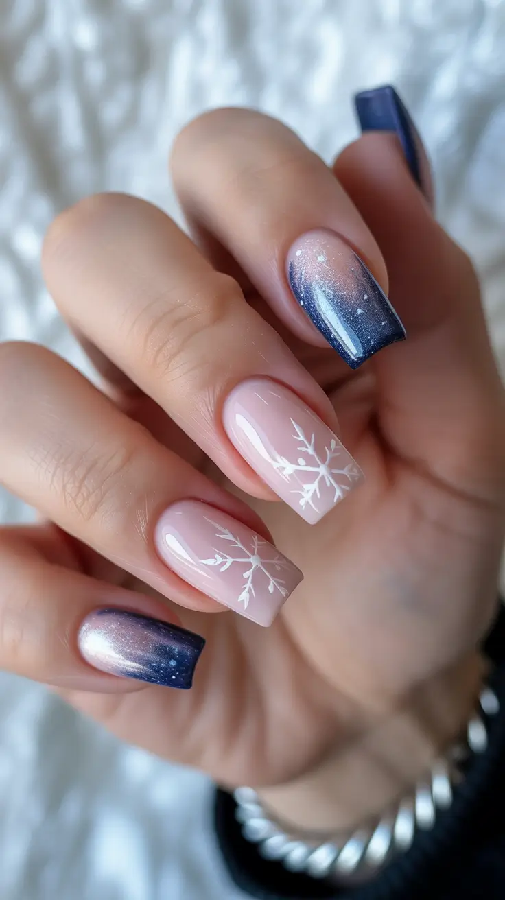 Modern Christmas Nails 2025 Midnight Snowfall Gradient