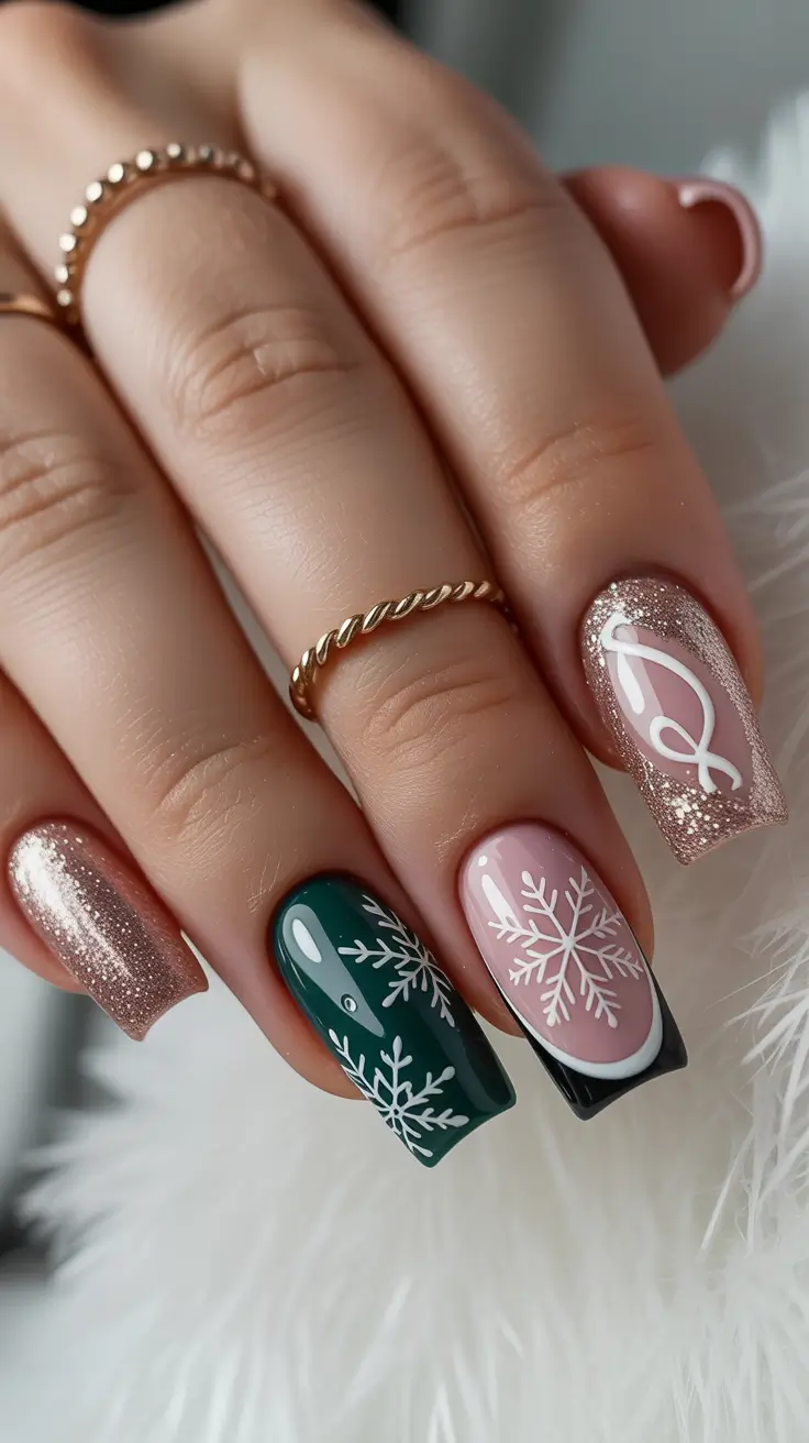 Modern Christmas Nails 2025 Snowflake Harmony in Green and Gold