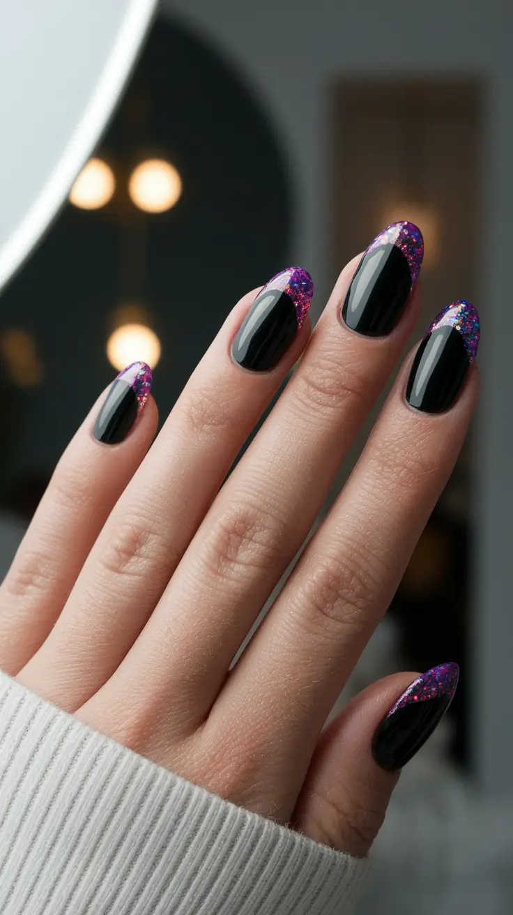 Nail Colors for Winter 2025-2026 Black Magic with Glitter Tips