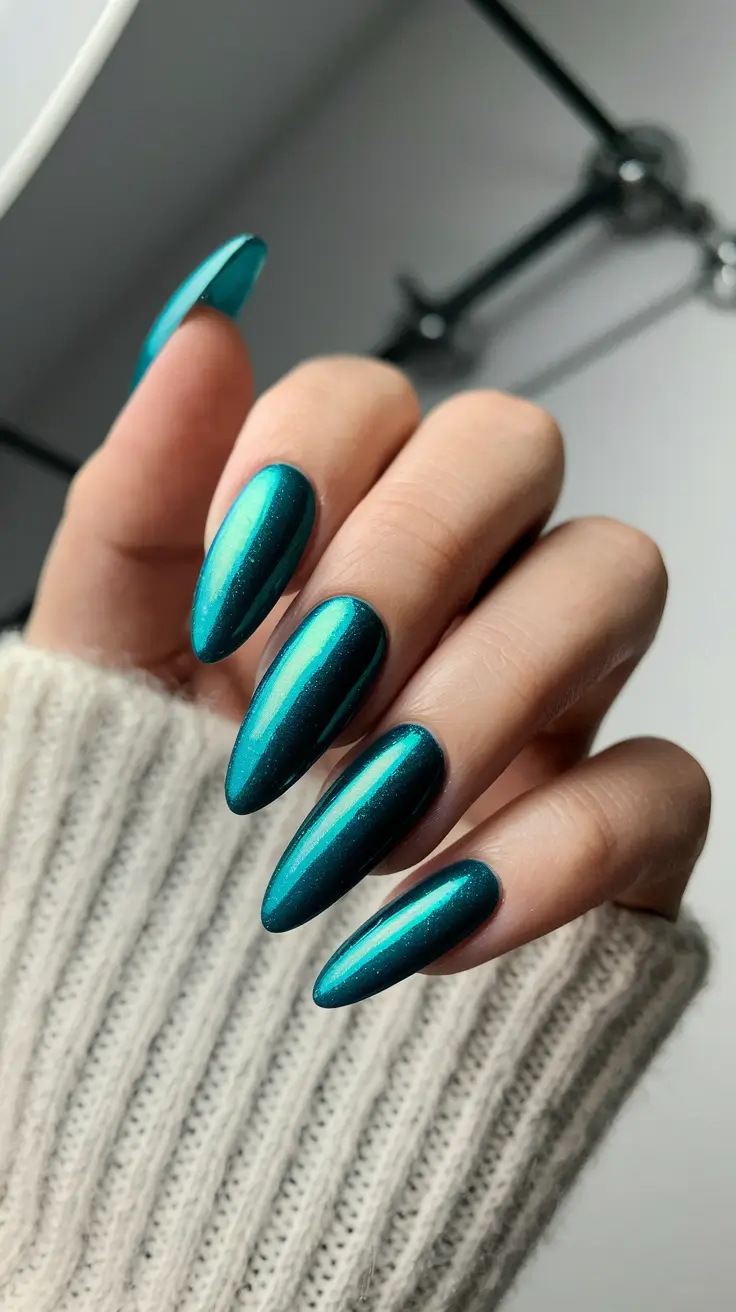 Nail Colors for Winter 2025-2026 Teal Metallic Glow