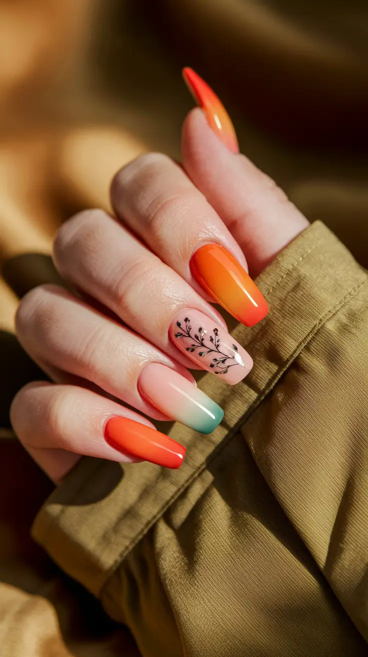 Nail Colors for Winter 2025-2026 Sunset Ombre with Botanical Accent