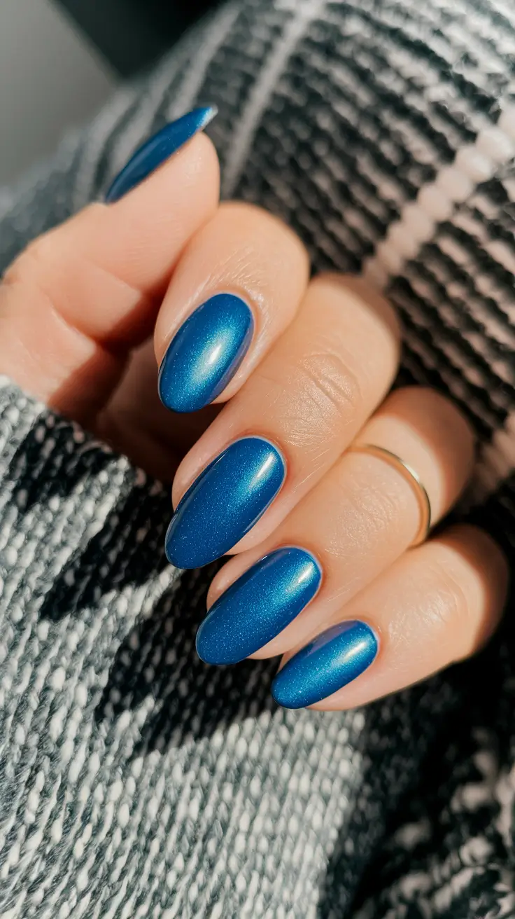 Nail Colors for Winter 2025-2026 Shimmering Sapphire Almond