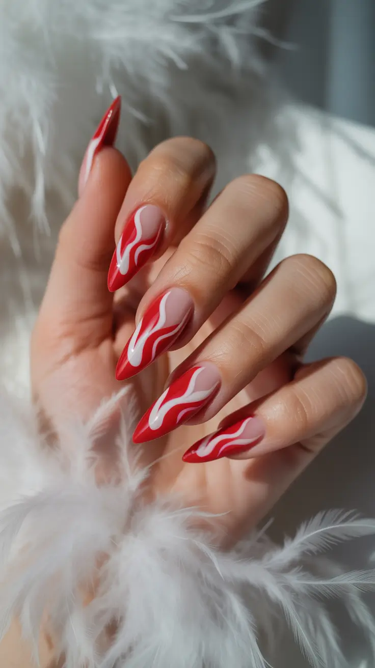 Red Nail Trends for Christmas 2025 Peppermint Flame Design