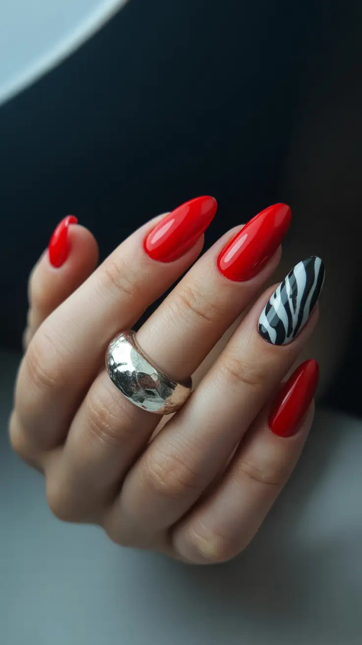 Red Nail Trends for Christmas 2025 Zebra Accent Glam