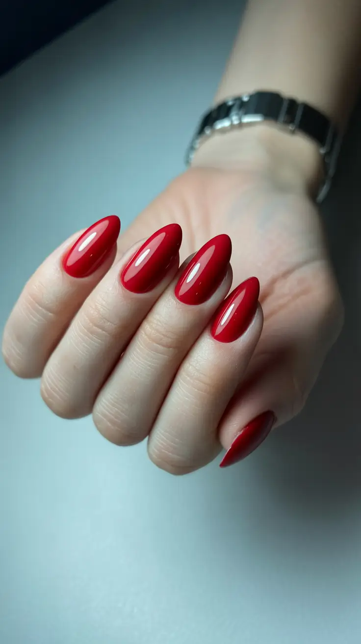 Red Nail Trends for Christmas 2025 Almond Glow Red