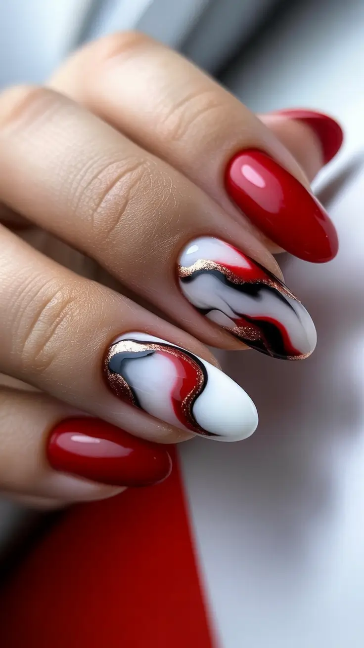 Red Nail Trends for Christmas 2025 Marble Swirl Luxe