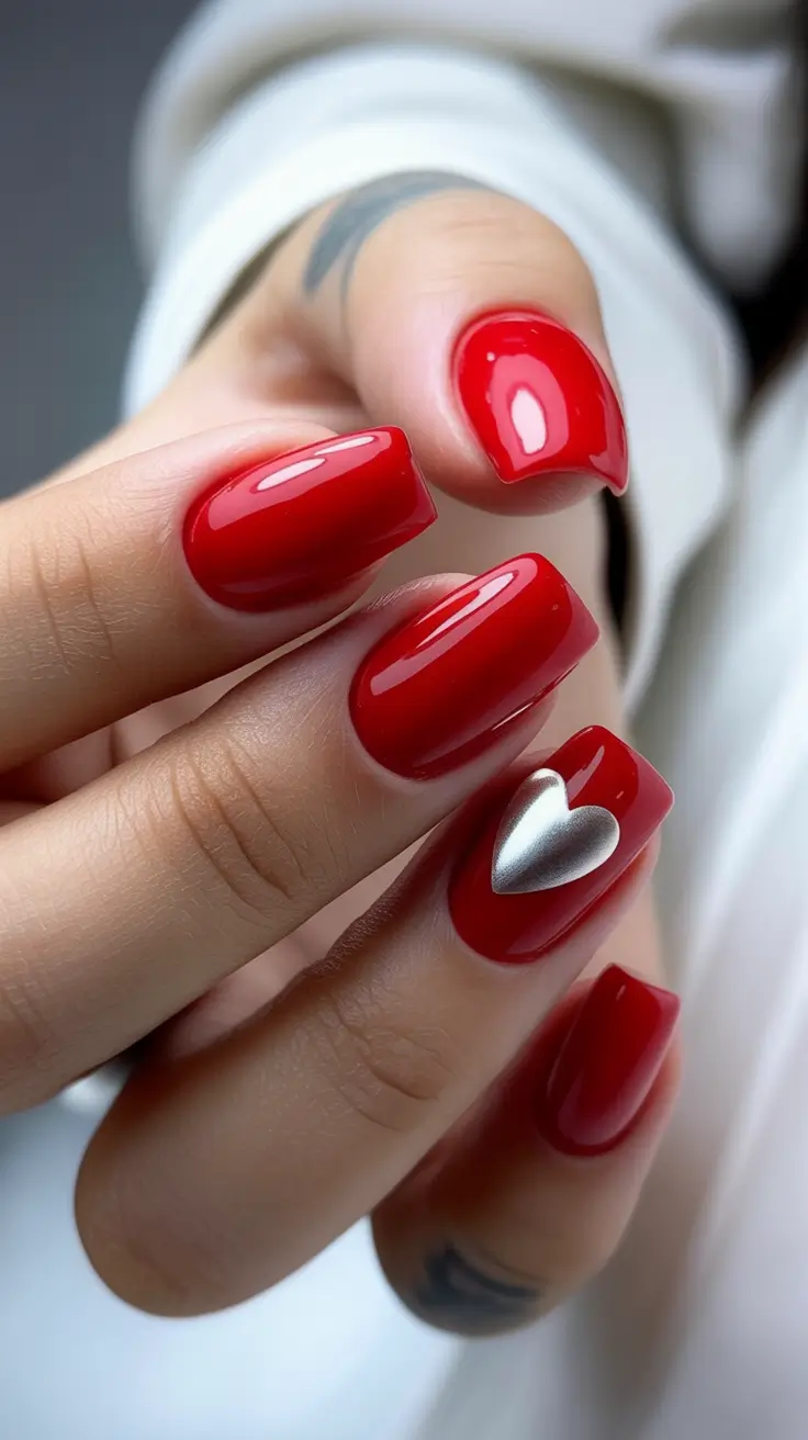 Red Nail Trends for Christmas 2025 Glossy Red with a Silver Heart