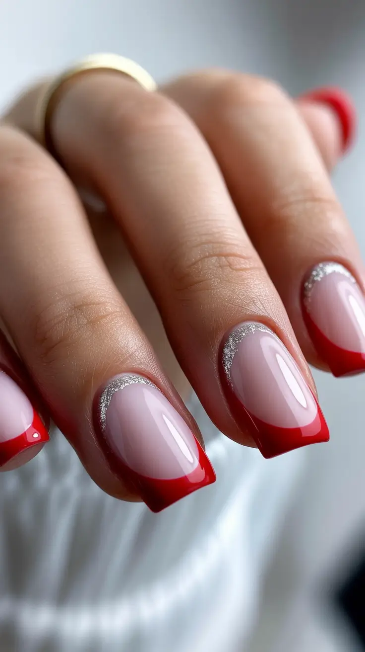 Red Nail Trends for Christmas 2025 Silver-Tipped French