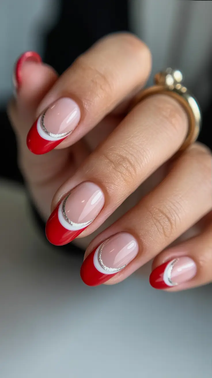 Red Nail Trends for Christmas 2025 Red French with Sparkle