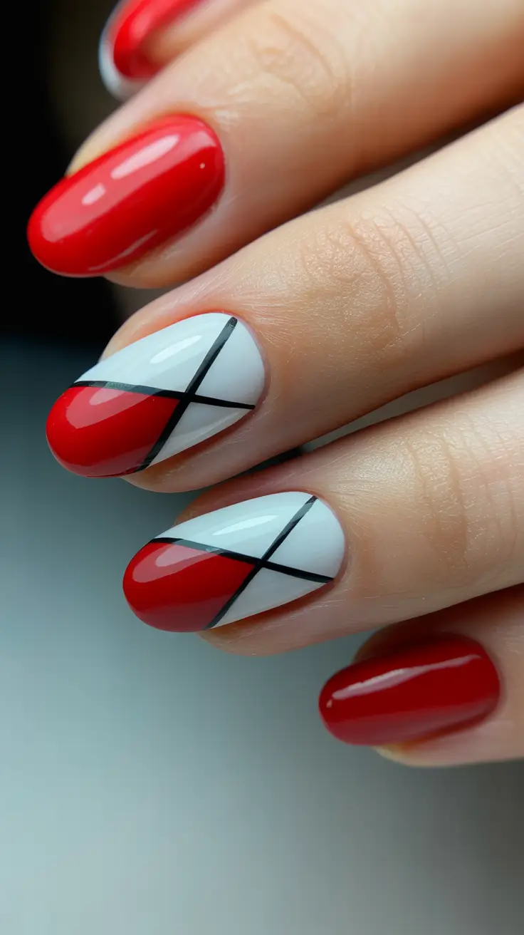 Red Nail Trends for Christmas 2025 Geometric Red and White Elegance