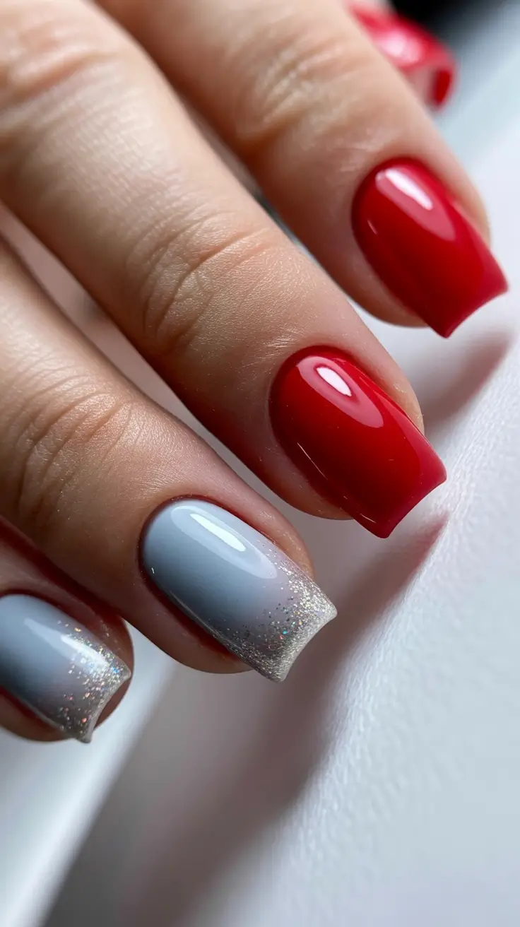 Red Nail Trends for Christmas 2025 Frosted Red and Silver Gradient