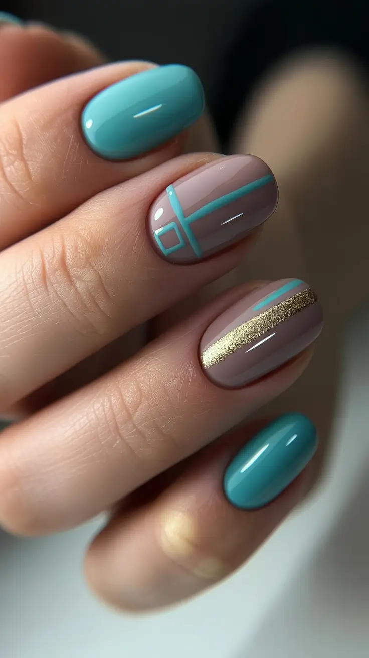 Short Gel Nails - Winter Color and Design 2025 / 2026 Muted Teal and Metallic Balance