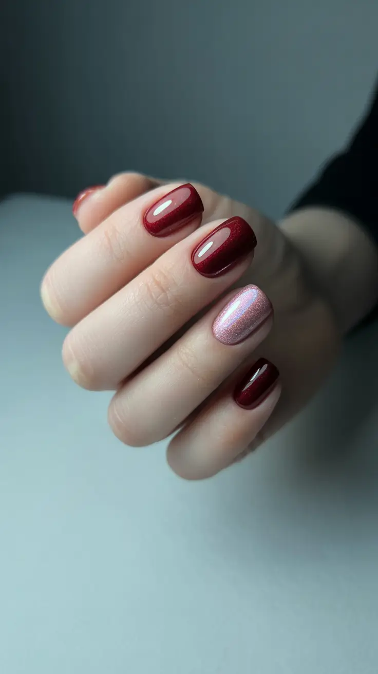 Short Gel Nails - Winter Color and Design 2025 / 2026 Velvet Red with Rose Shine