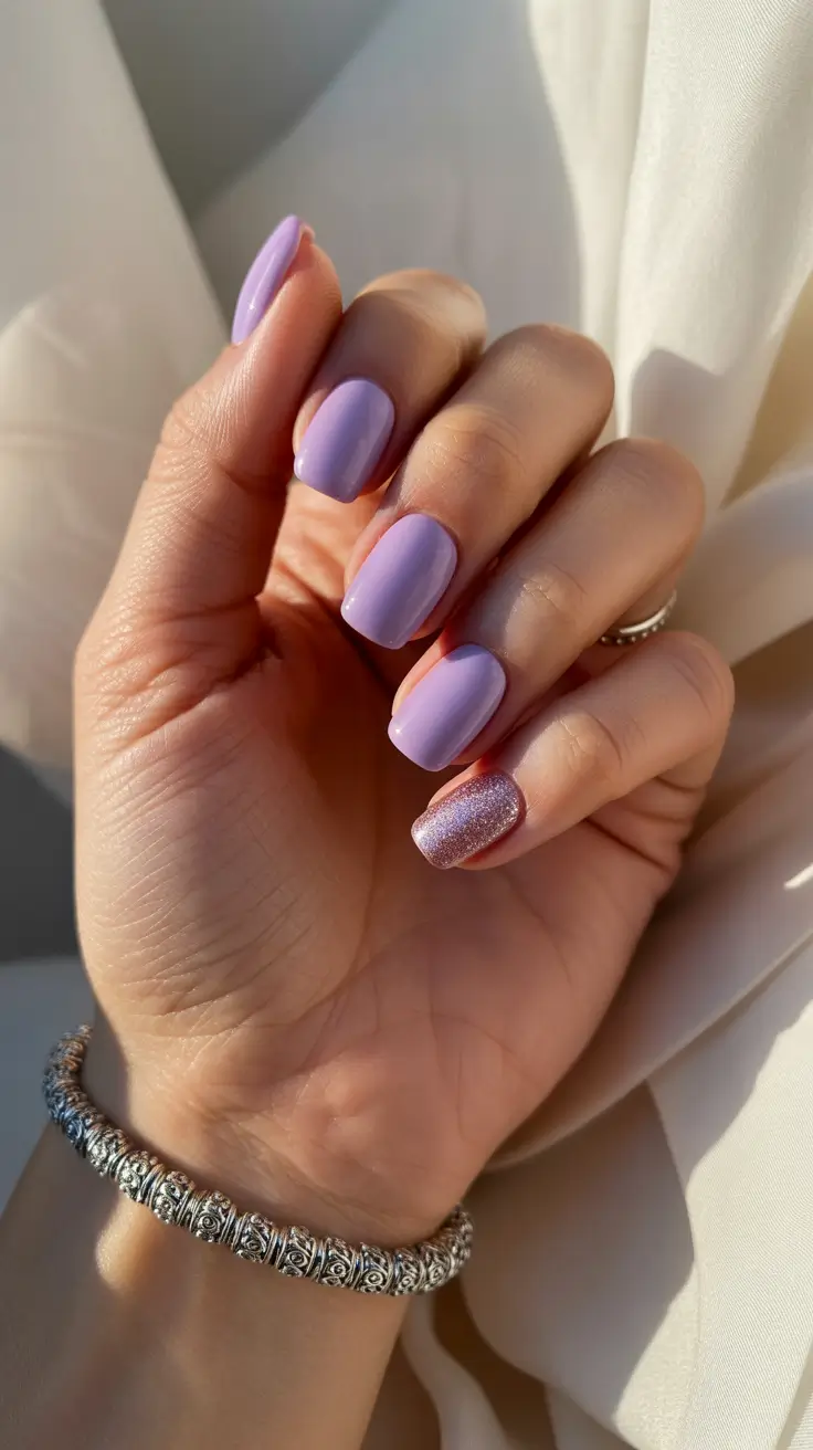 Short Gel Nails - Winter Color and Design 2025 / 2026 Lavender Dawn with a Sparkle Accent