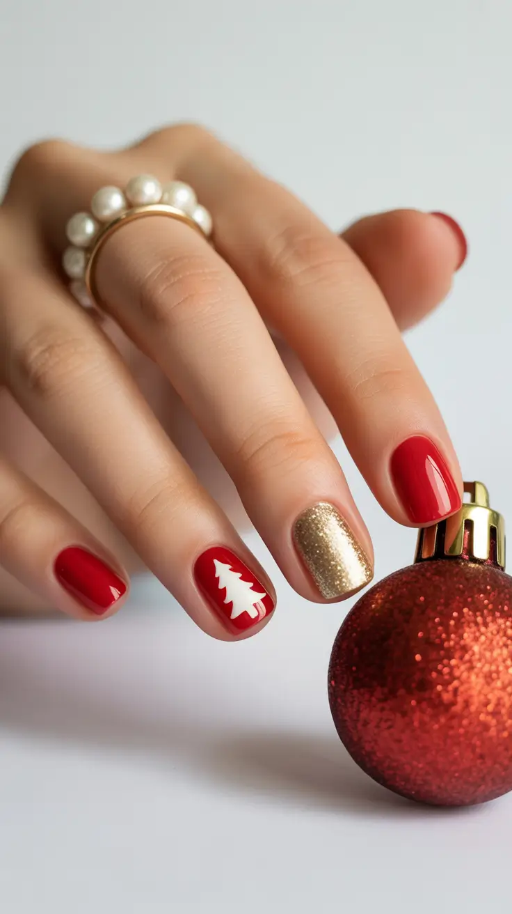 Short Gel Nails - Winter Color and Design 2025 / 2026 Festive Red and Gold Charm