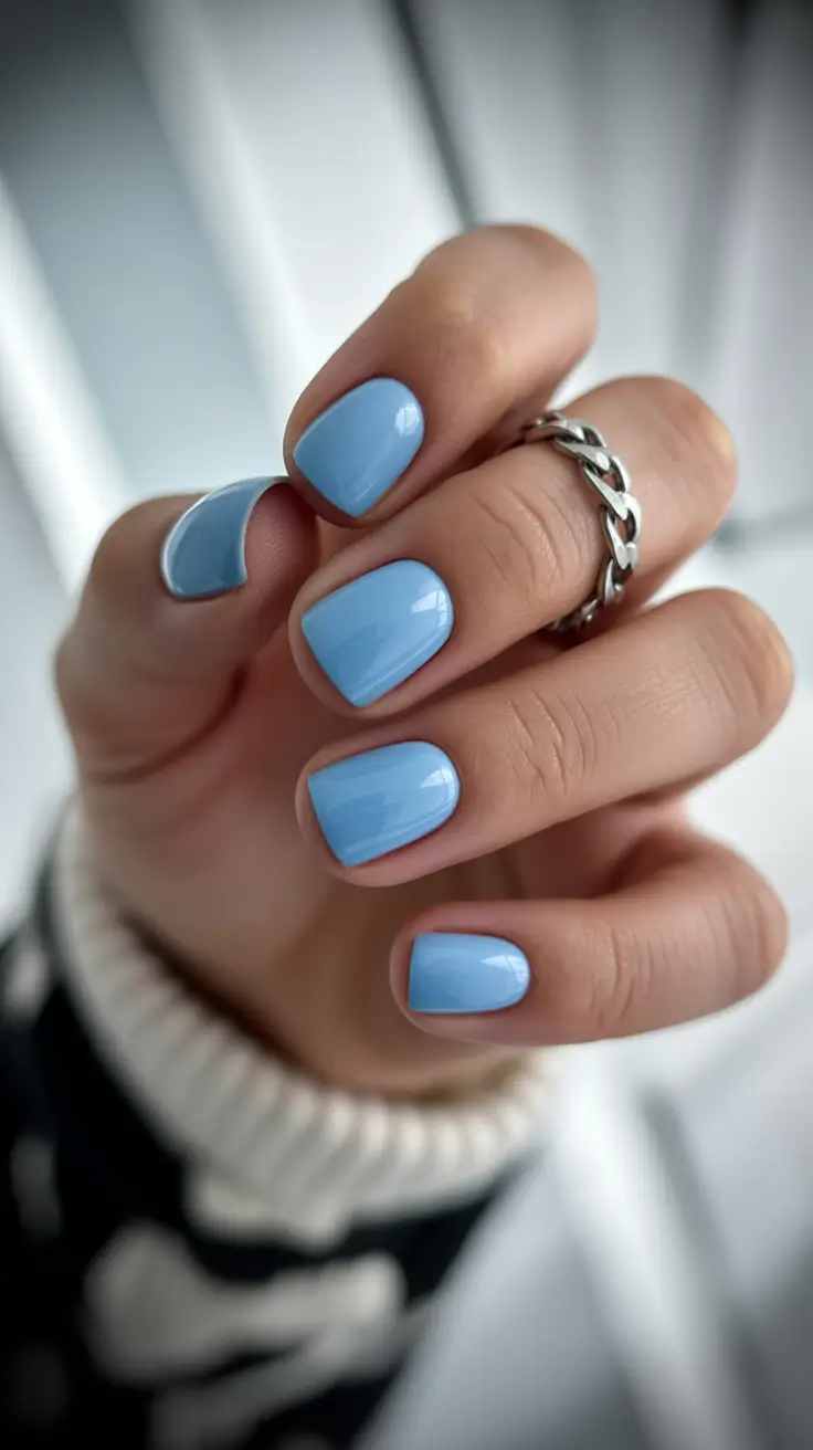 Short Gel Nails - Winter Color and Design 2025 / 2026 Frosty Sky Blue