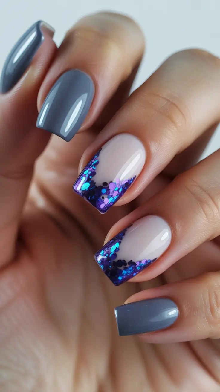 Short Gel Nails - Winter Color and Design 2025 / 2026 Smoky Gray with Sapphire Sparkle