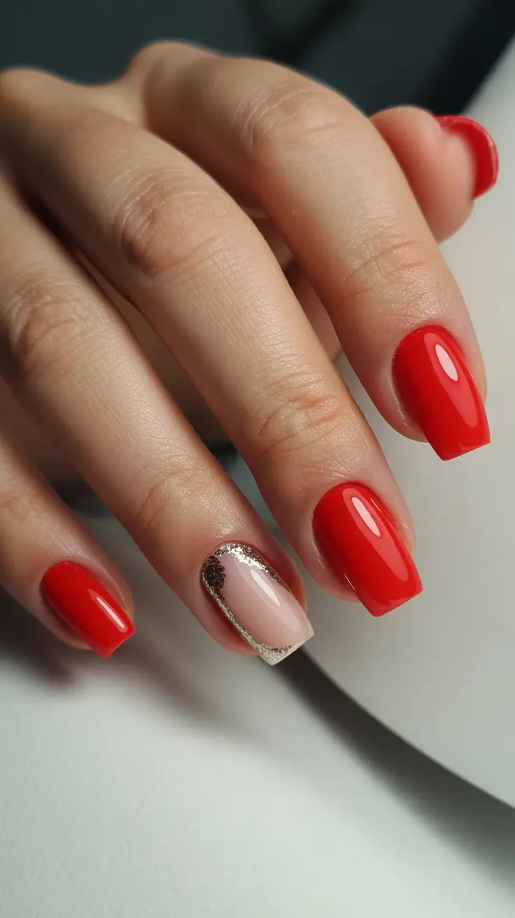 Short Gel Nails - Winter Color and Design 2025 / 2026 Fiery Red with Gilded Accent
