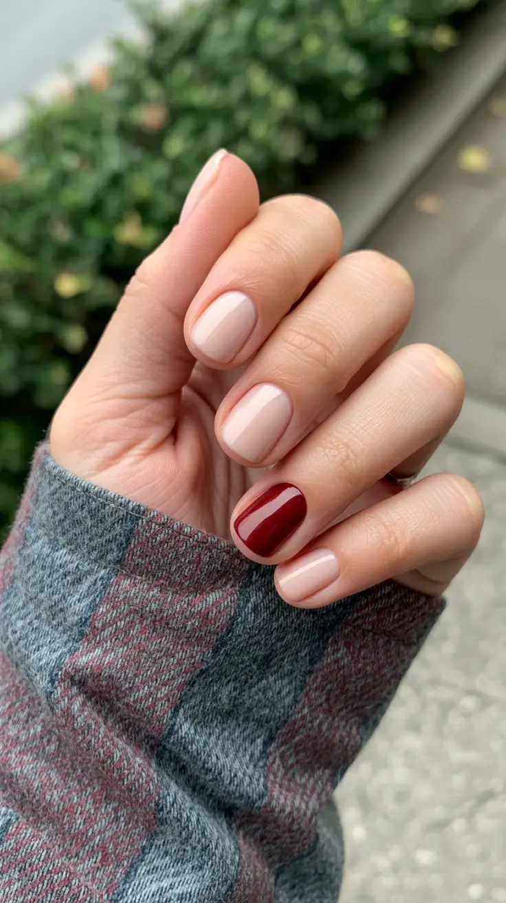 Short Gel Nails - Winter Color and Design 2025 / 2026 Neutral Harmony with a Pop of Wine