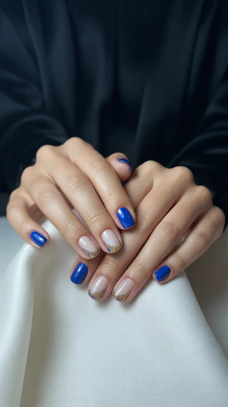 Simple Nail Trends Winter 2025-2026 Royal Blue With Gold Spark