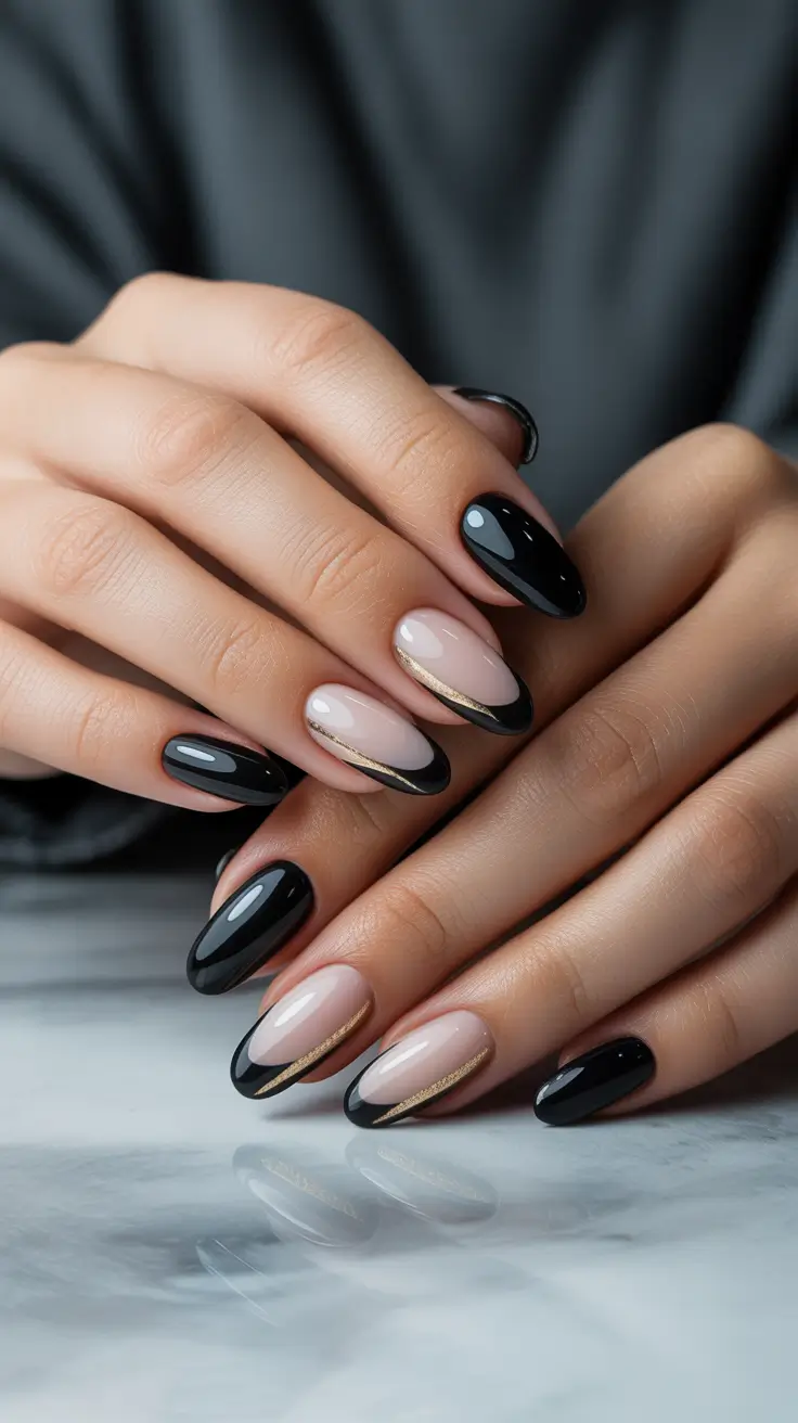 Simple Nail Trends Winter 2025-2026 Black and Nude With a Golden Edge