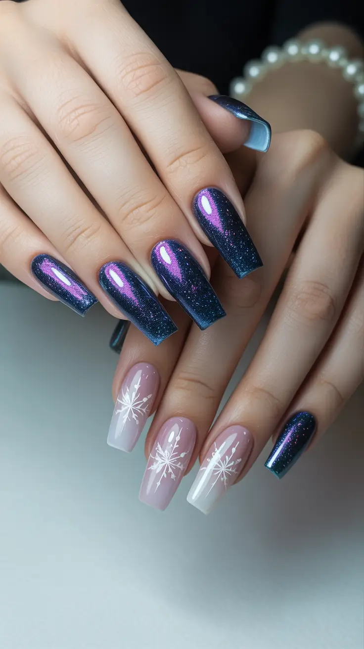 Snowflake Nail Designs for Winter 2025-2026 Midnight Aurora with Frosted Accents